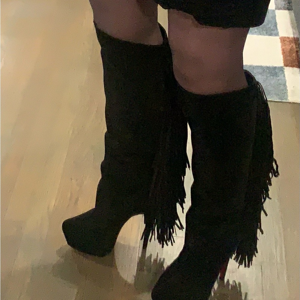 Christian Louboutin Interlopa 160  Veau Velours Suede Fringe Platform Boots 37.5
